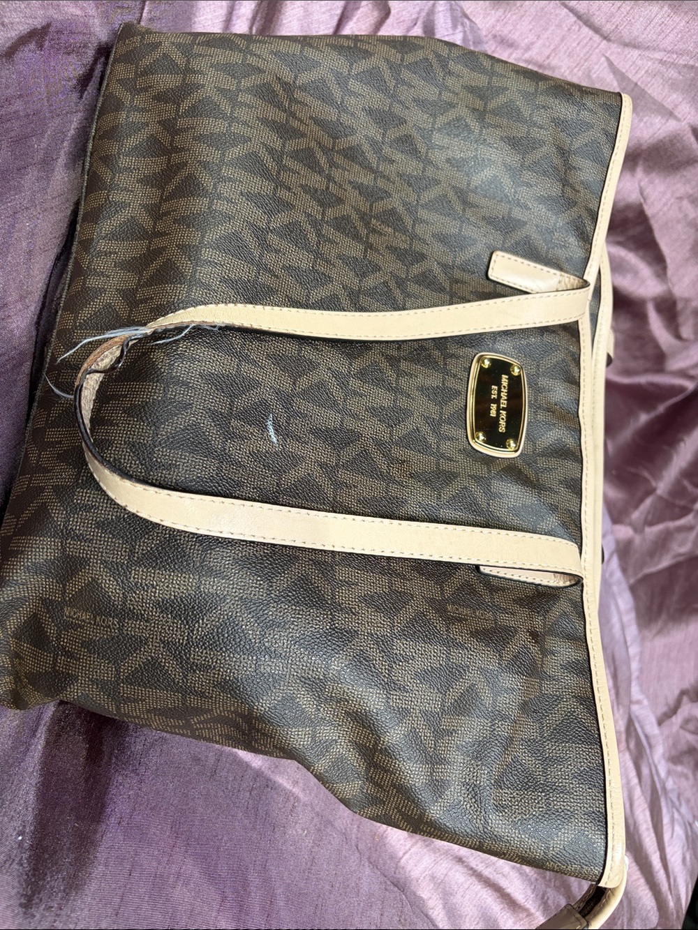 Michael Kors Brown Logo Tote with Cream Trim and Gold Plaque